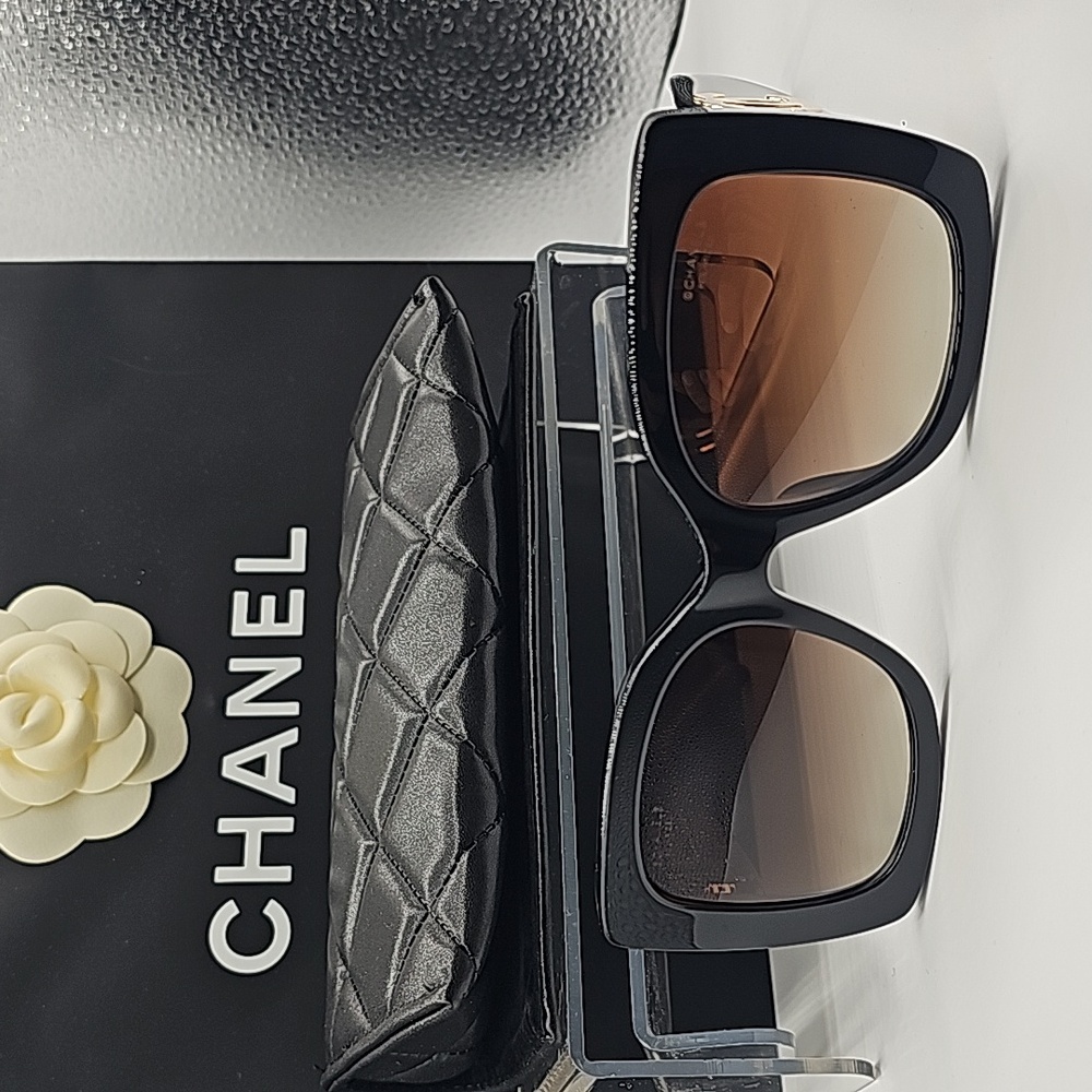 CHANEL Black Sunglasses with Gold Accents - Picture 3 of 12